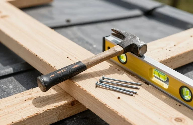 Outils et bois de charpente sur chantier